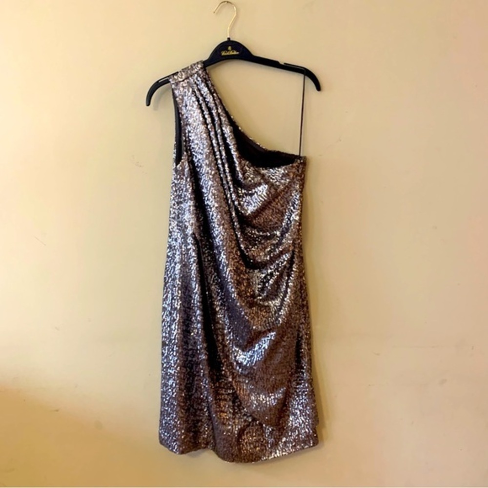 Pamella Roland Silver Sequin One‑Shoulder Dress – Size 12